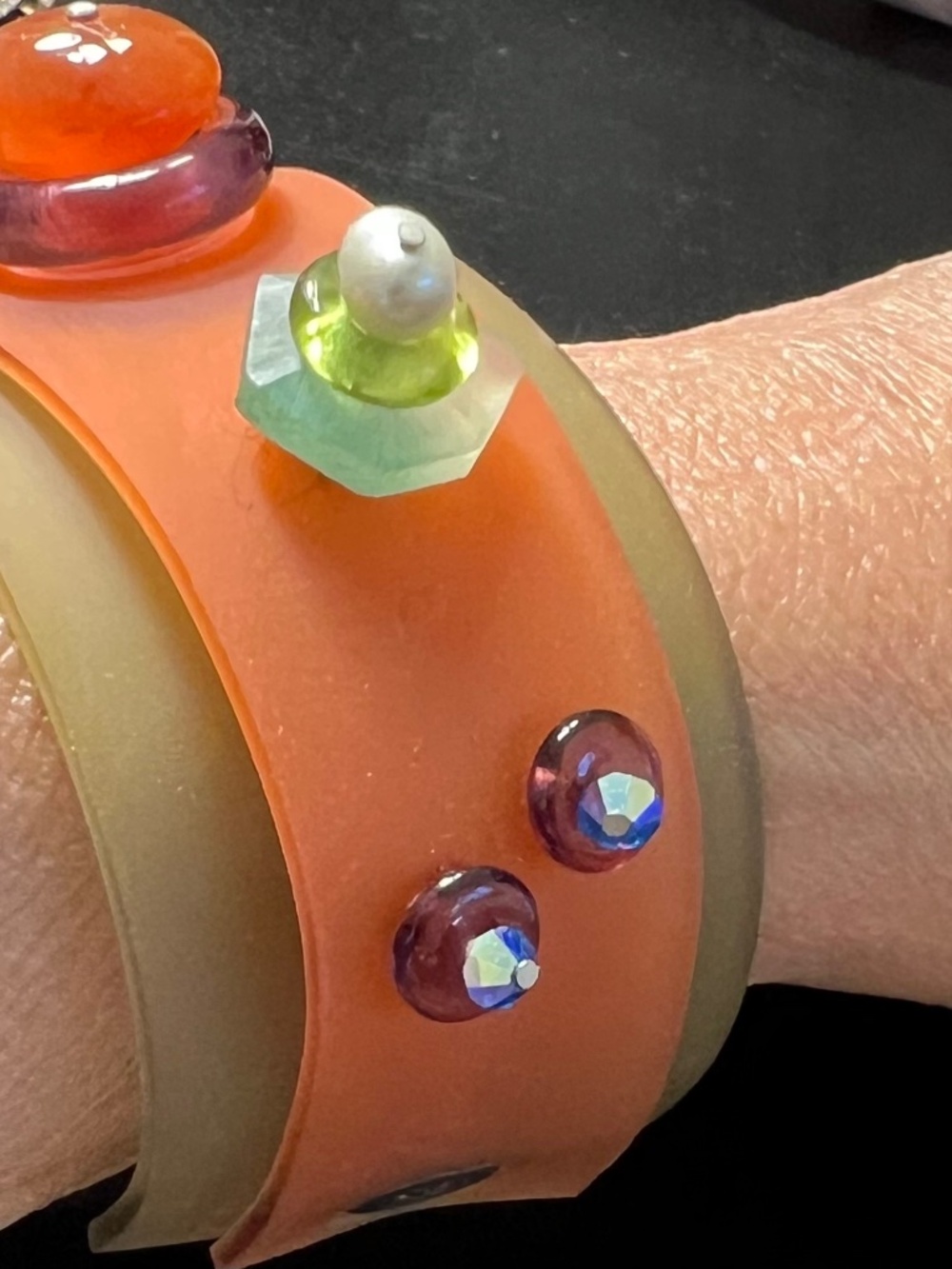 Artisan Avant Garde Resin Cuff W/ Tourmaline, Jadeite Chip Pearl Glass AB Beads